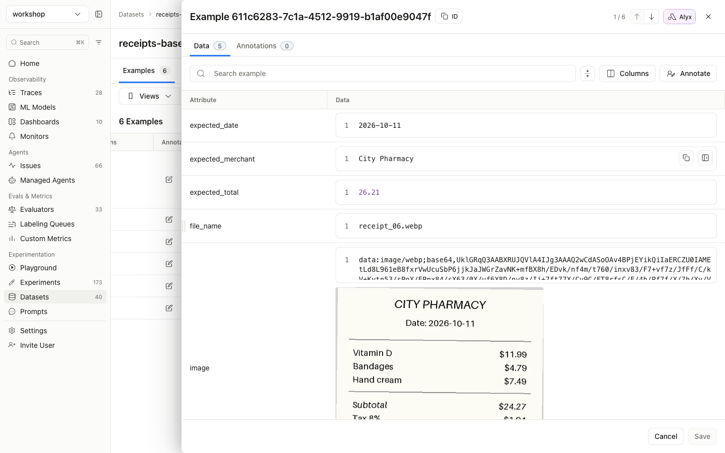 Example detail showing the data URI and the rendered receipt