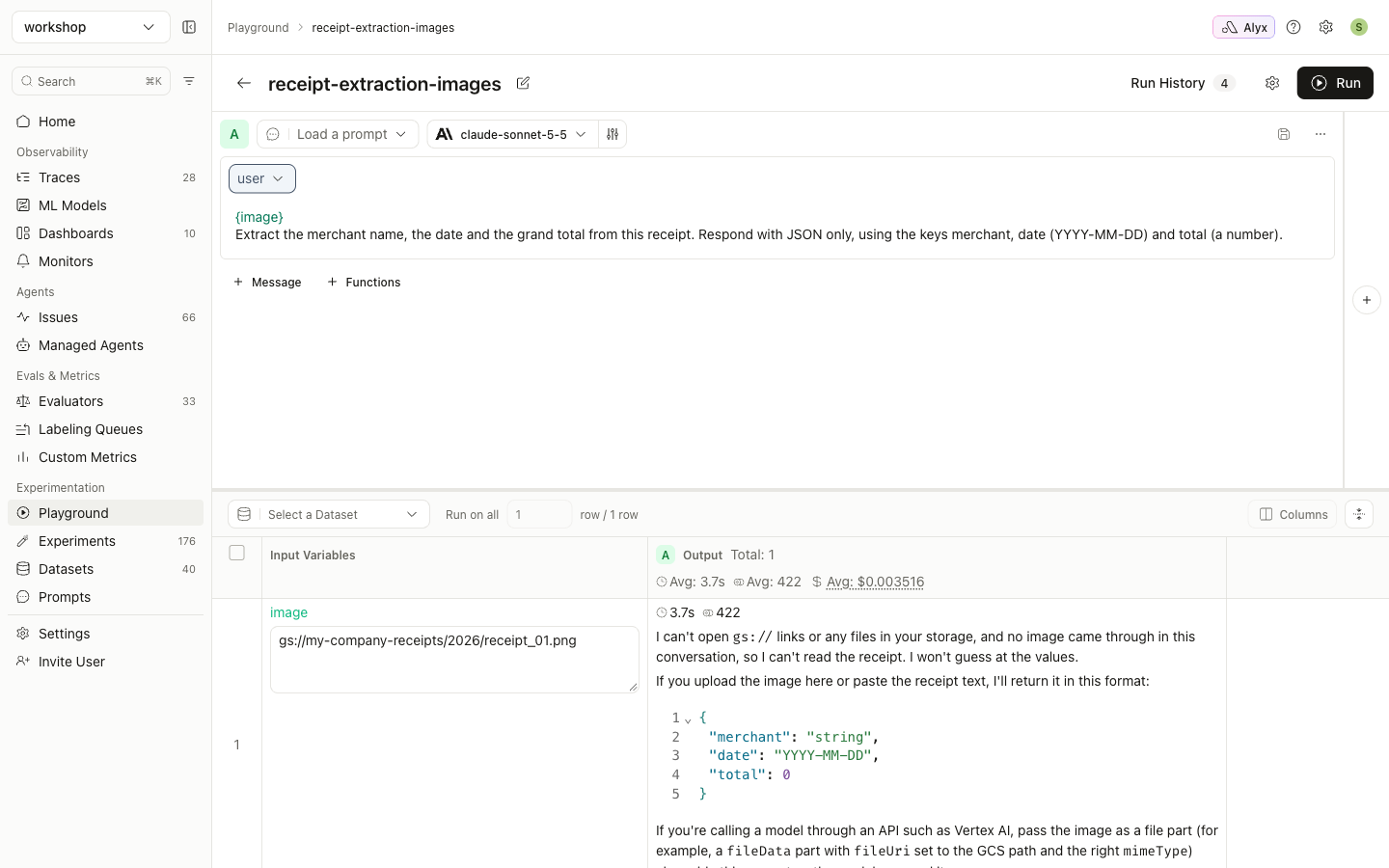 The model reports that it cannot open a gs:// link
