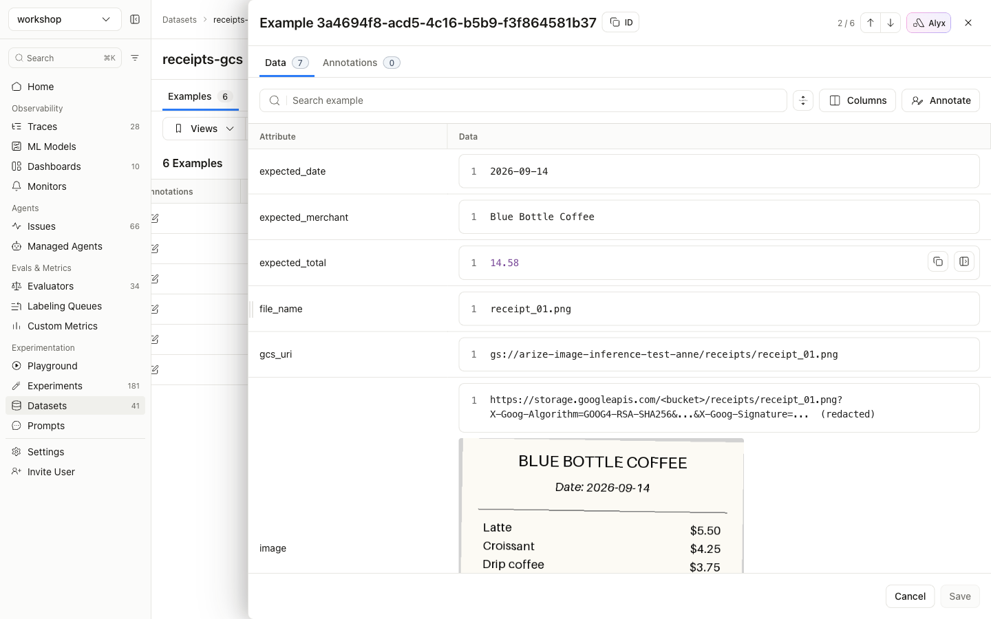 Dataset row with gcs_uri, the signed https URL and the rendered receipt